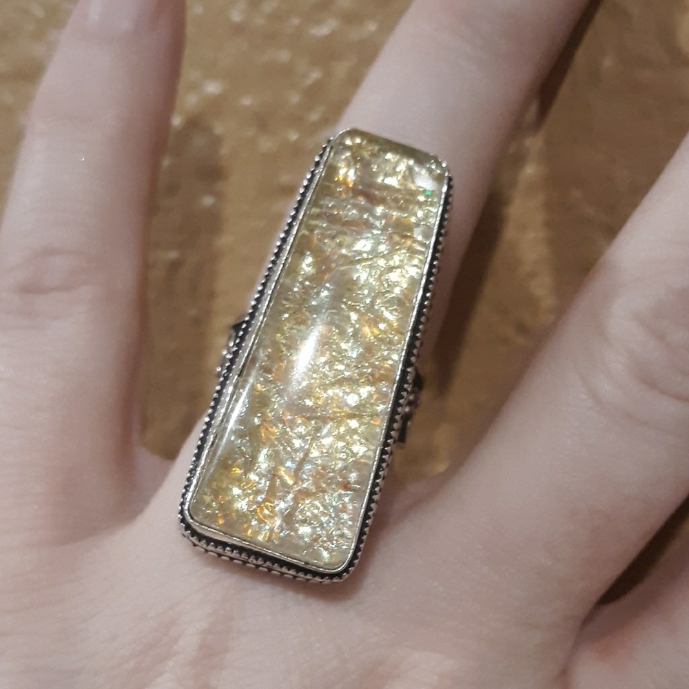 New Huge Dichoric Glass 925 Silver Statement Ring.